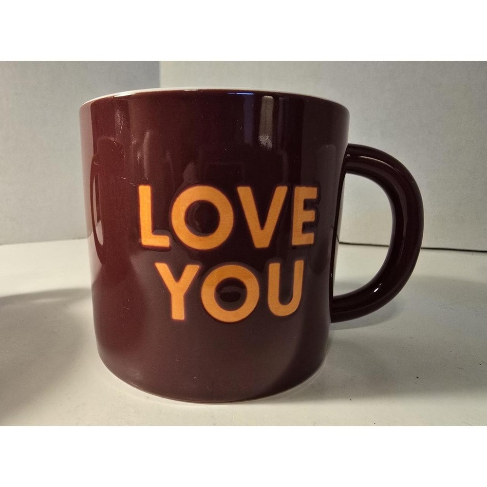 Room Essentials Stoneware "Love You" Mug (new) #1 Maroon Orange Text 4 inches